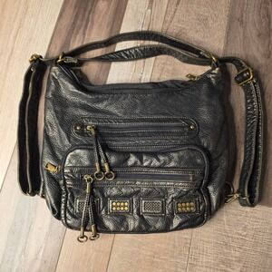 Convertible Hobo Backpack Purse Women Black Faux Leather Studded Boho Travel Bag